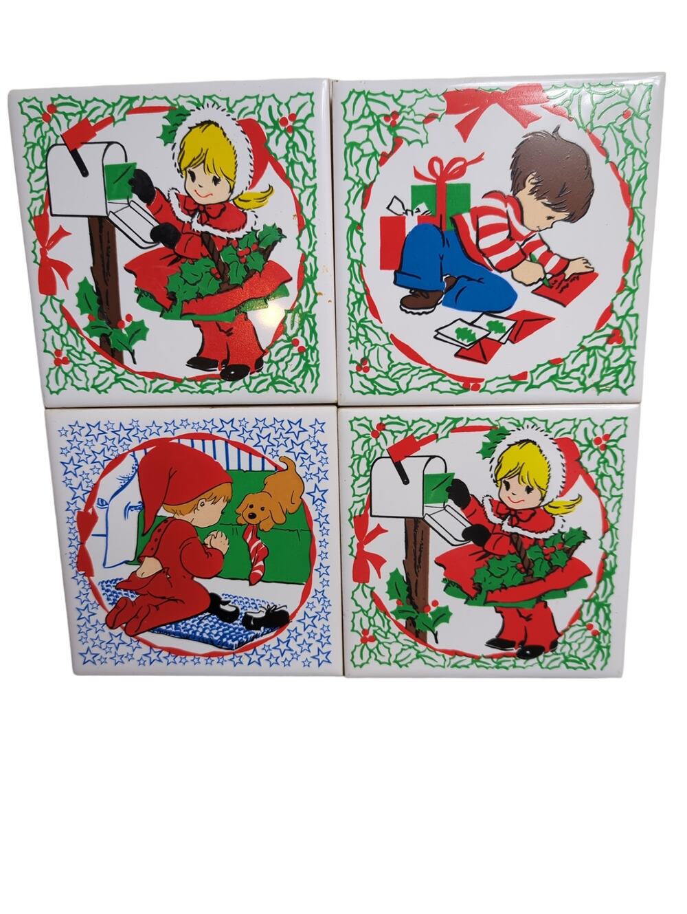 Lot of 4 Vintage Tile Trivet Christmas Jasco Taiwan Girl at Mailbox Boy Praying